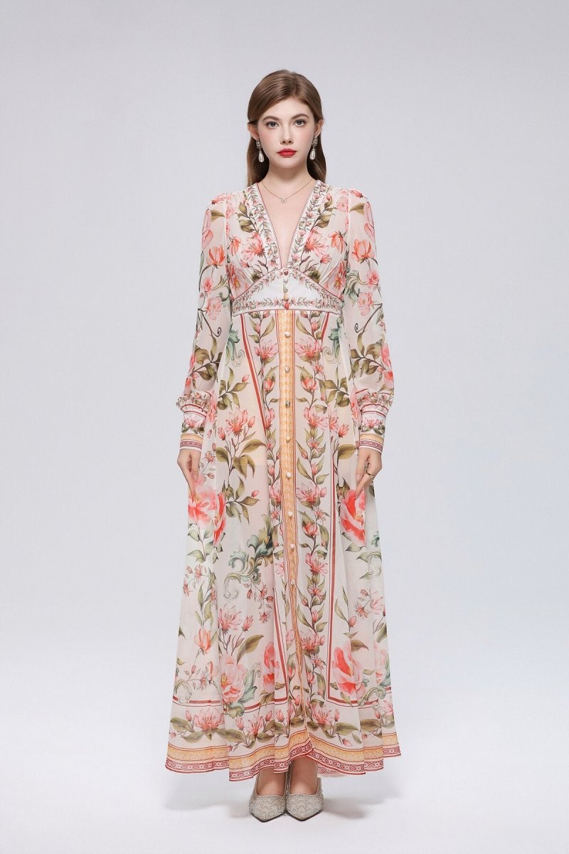 Trailing Vine Floral Print Deep V-Neck Maxi Dress with Beaded Trim and Floral Column Border Hem