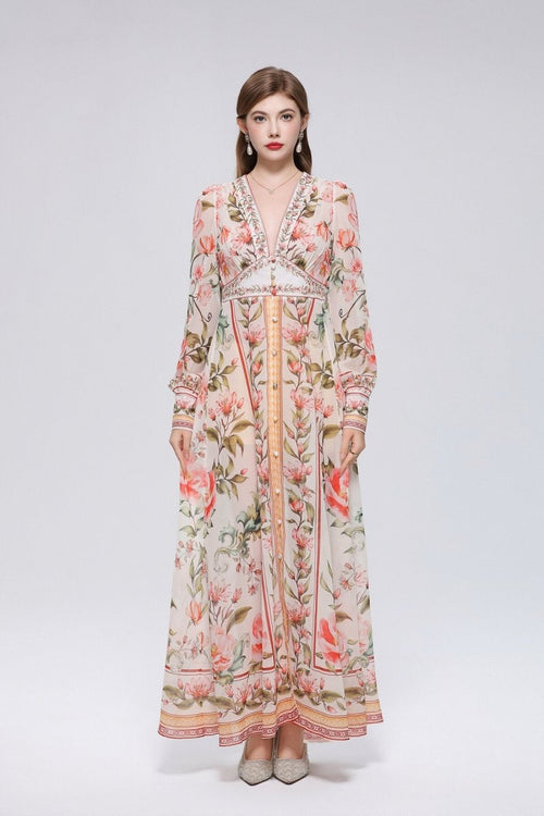 Trailing Vine Floral Print Deep V-Neck Maxi Dress with Beaded Trim and Floral Column Border Hem