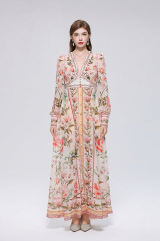 Trailing Vine Floral Print Deep V-Neck Maxi Dress with Beaded Trim and Floral Column Border Hem