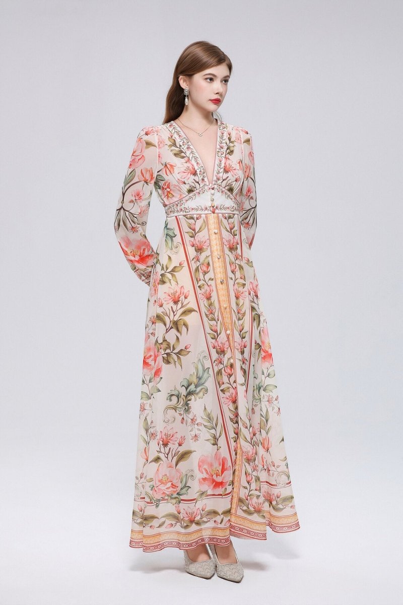 Trailing Vine Floral Print Deep V-Neck Maxi Dress with Beaded Trim and Floral Column Border Hem
