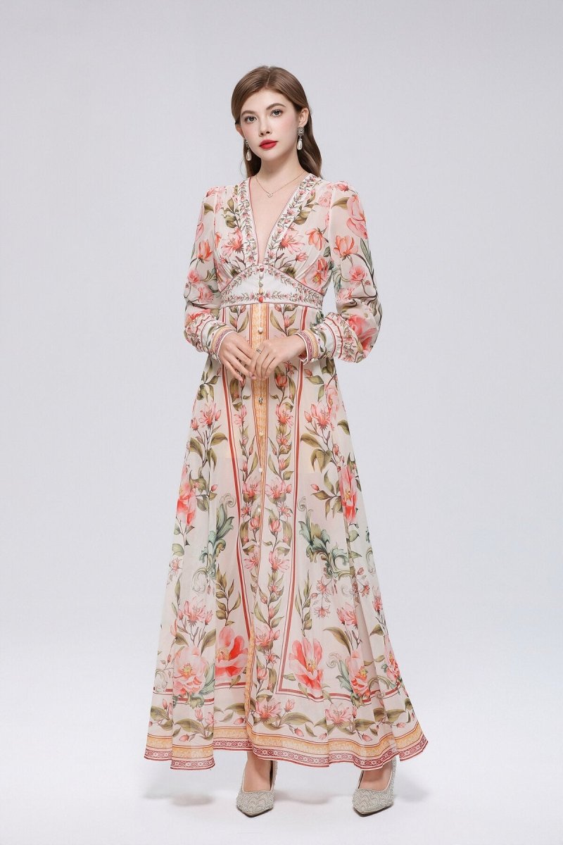 Trailing Vine Floral Print Deep V-Neck Maxi Dress with Beaded Trim and Floral Column Border Hem