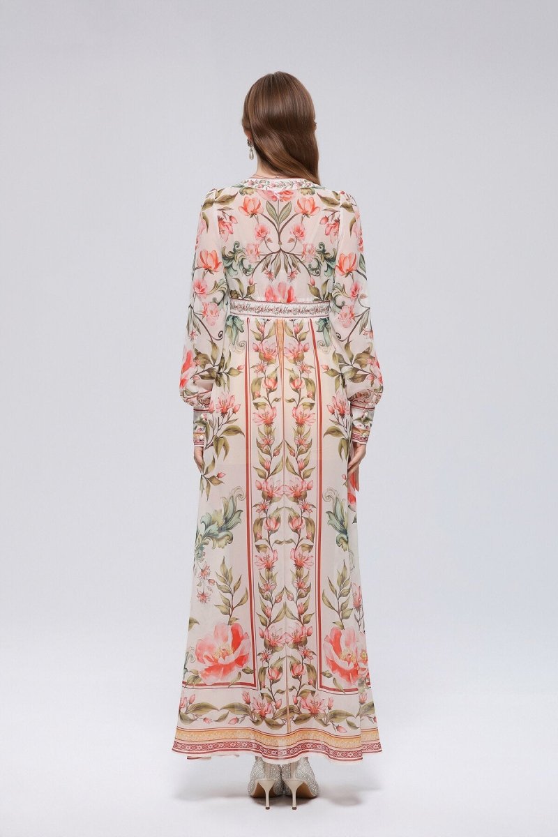 Trailing Vine Floral Print Deep V-Neck Maxi Dress with Beaded Trim and Floral Column Border Hem