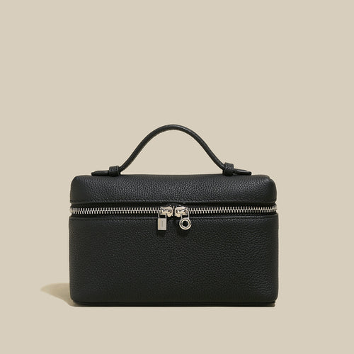 Traveler’s Pebbled Leather Box Vanity Bag – Mini Top-Handle Makeup Case with Lock Detail & Detachable Strap