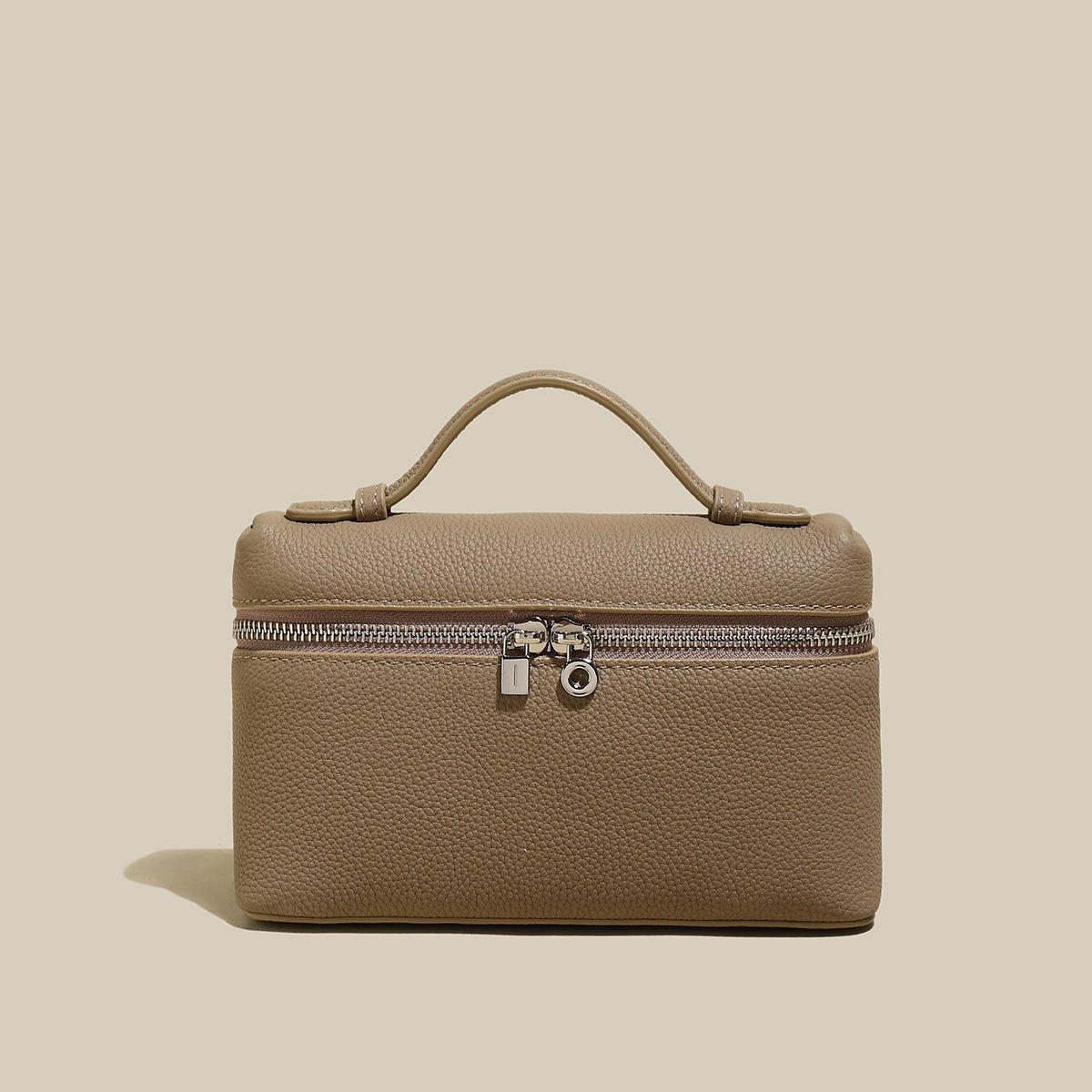 Traveler’s Pebbled Leather Box Vanity Bag – Mini Top-Handle Makeup Case with Lock Detail & Detachable Strap