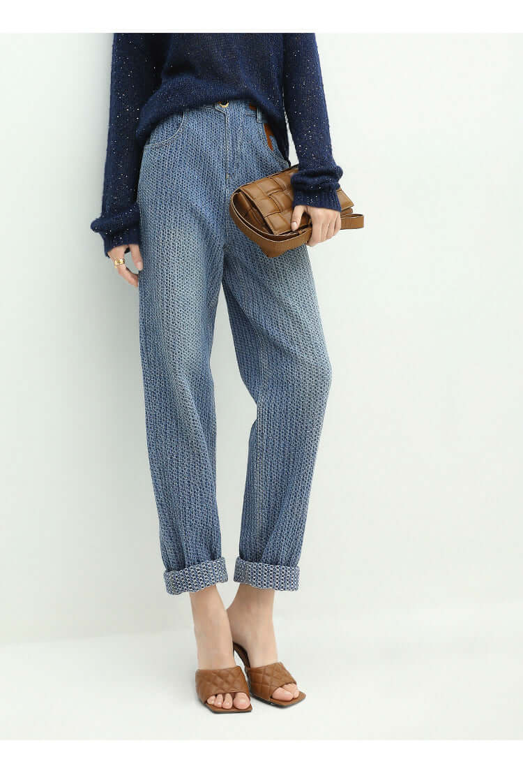 trendy jacquard blue straight leg jeans all blue 2