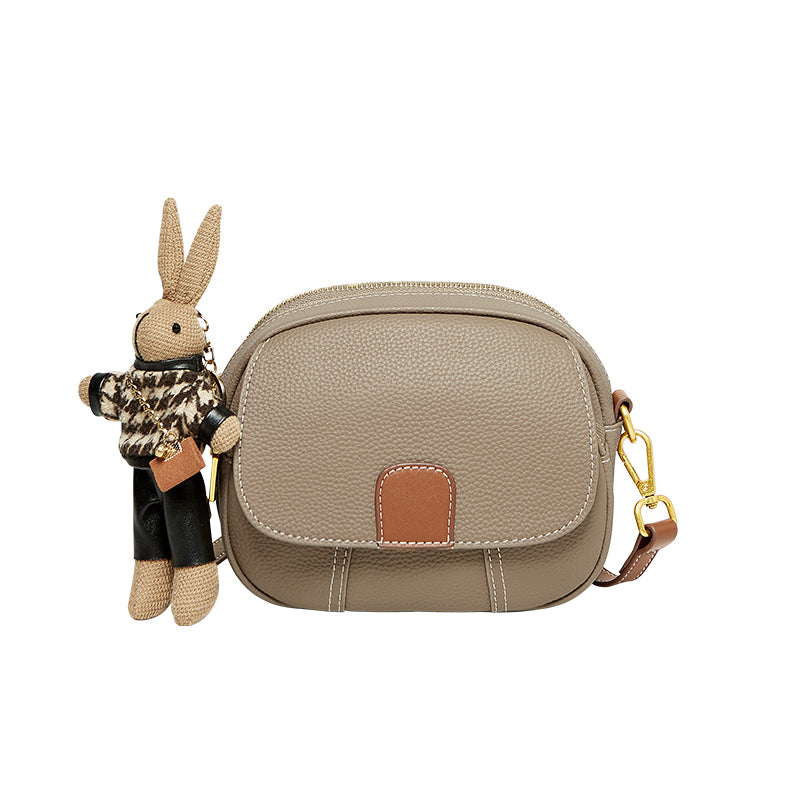 trendy rabbit charm round leather bag khaki 1