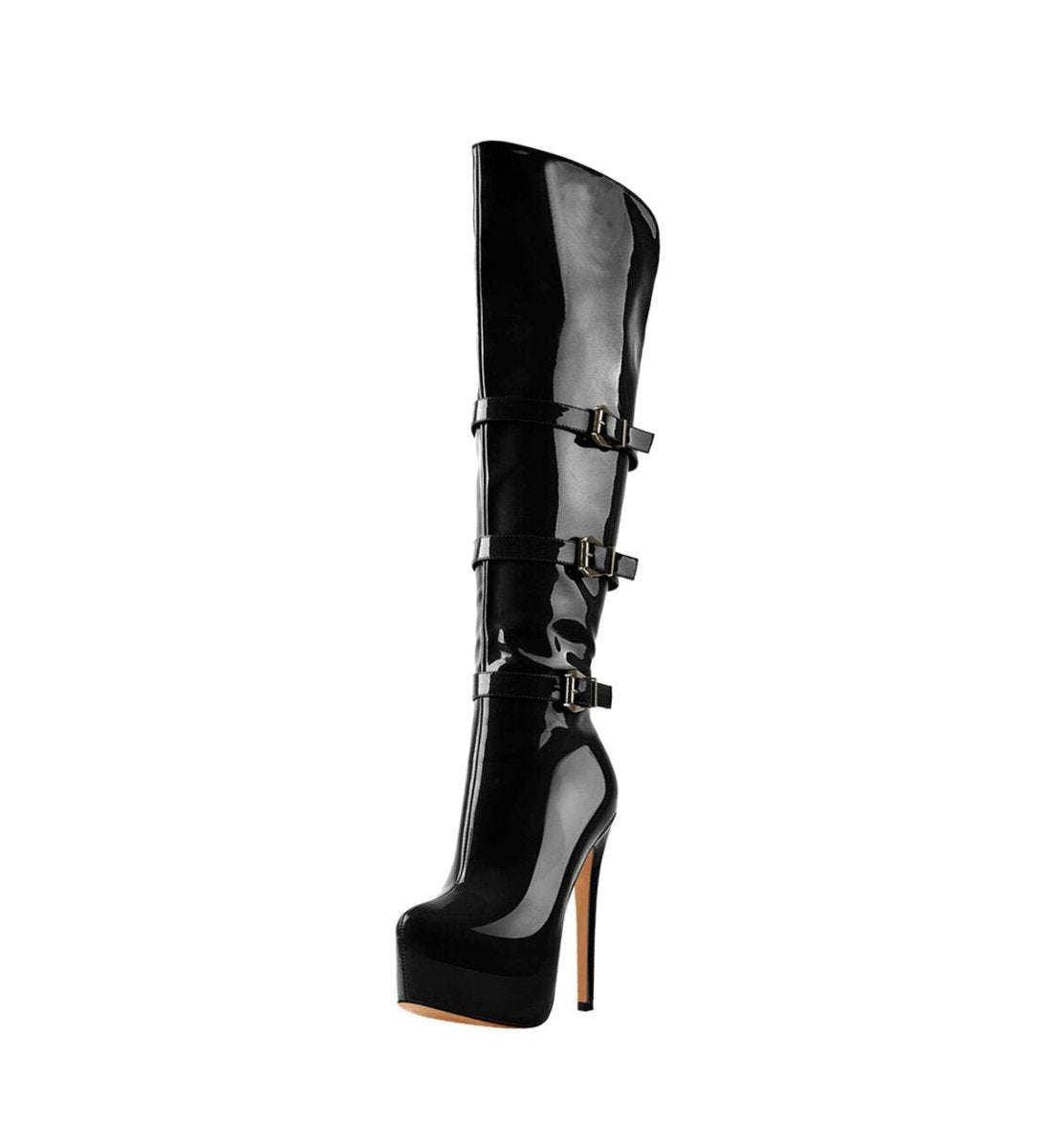 Triple Buckle Patent Knee High Platform Boots with Stiletto Heel
