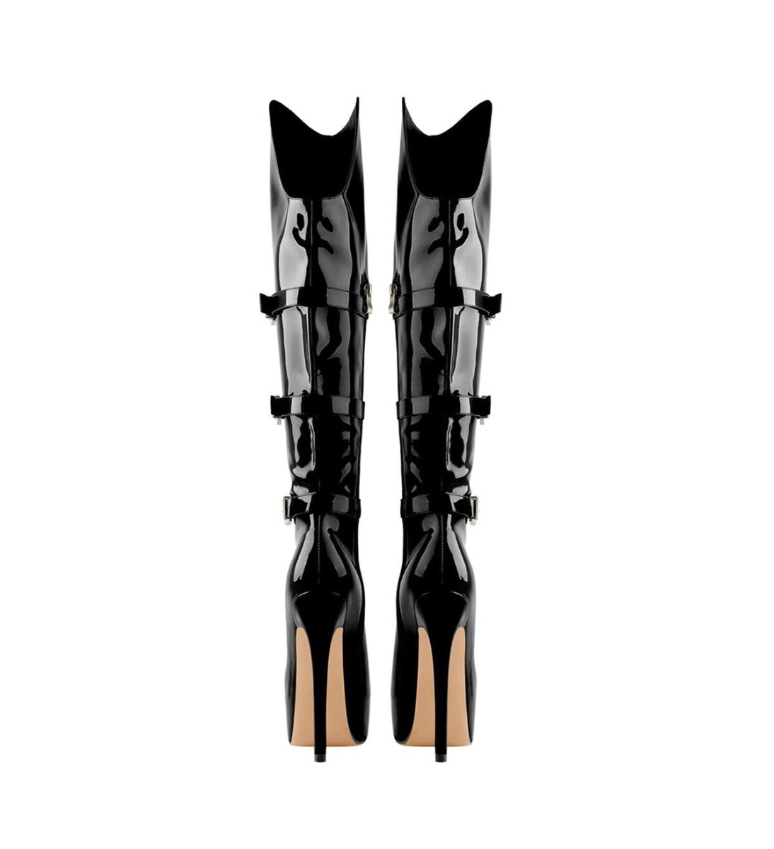 Triple Buckle Patent Knee High Platform Boots with Stiletto Heel