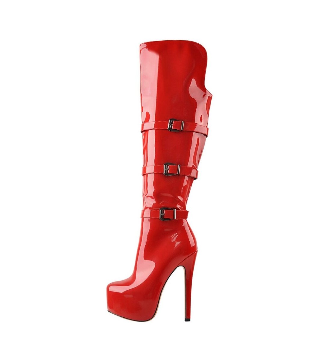 Triple Buckle Patent Knee High Platform Boots with Stiletto Heel