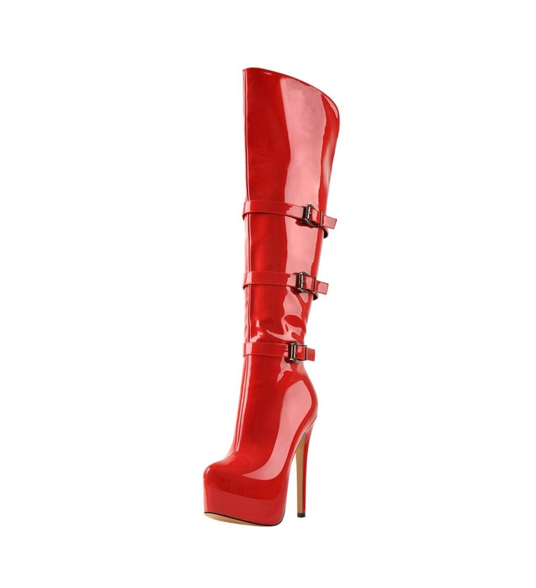 Triple Buckle Patent Knee High Platform Boots with Stiletto Heel