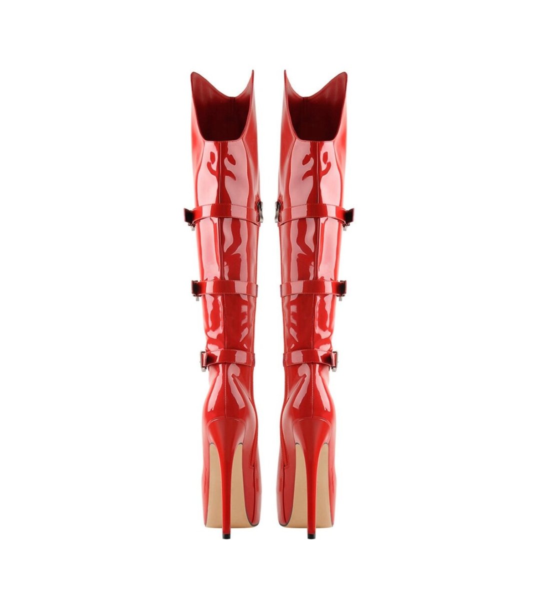 Triple Buckle Patent Knee High Platform Boots with Stiletto Heel