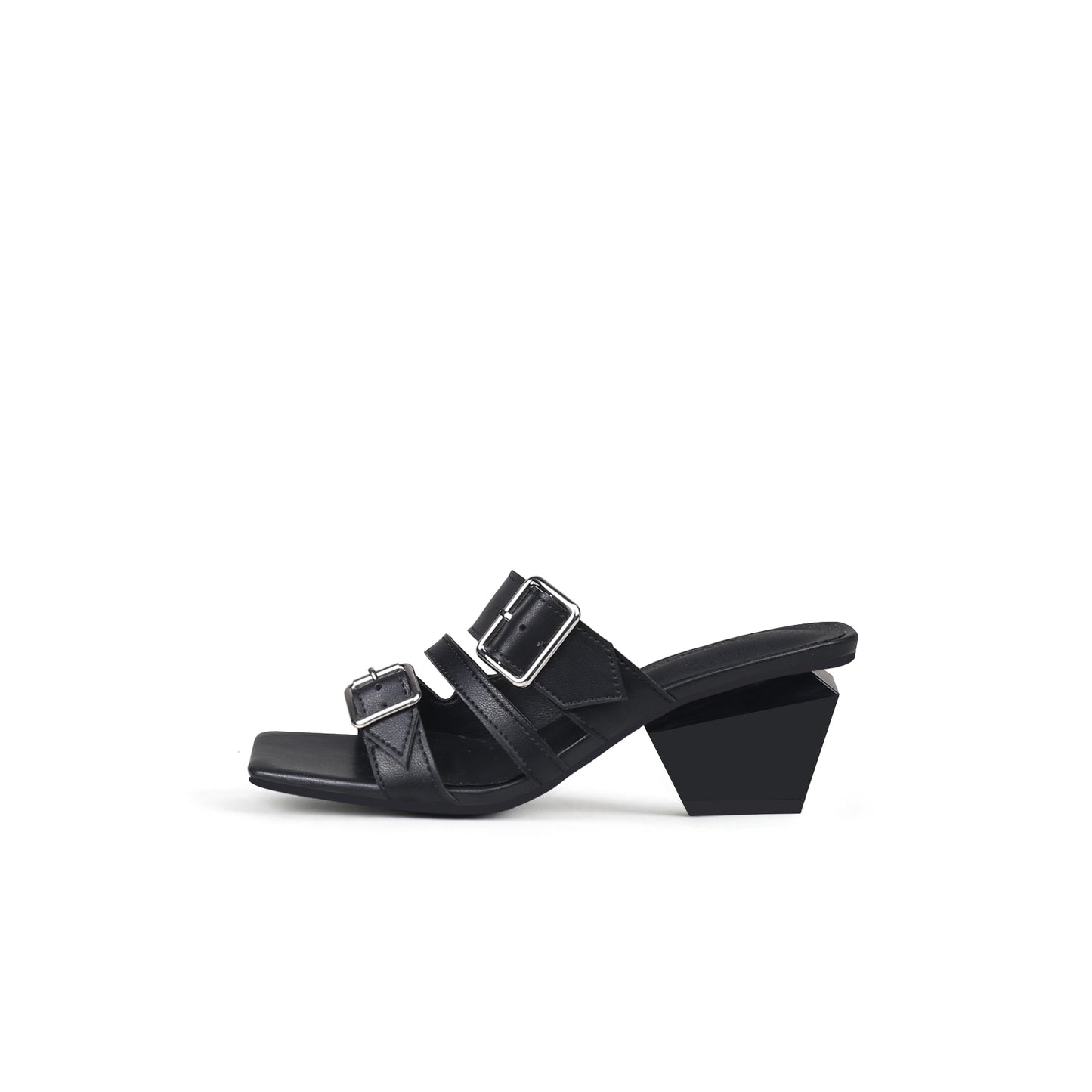 triple strap heeled mules all black 1