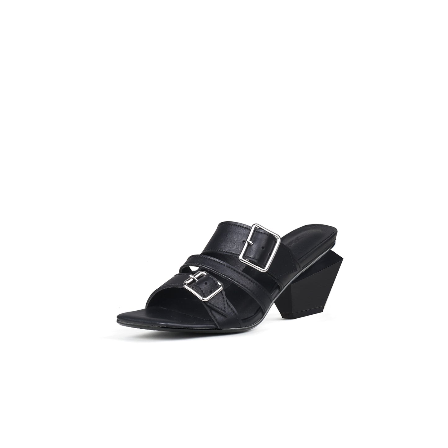 triple strap heeled mules all black 2