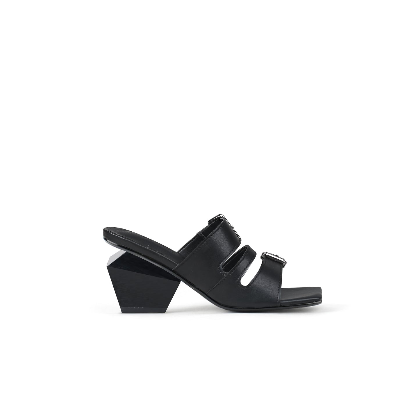 triple strap heeled mules all black 3