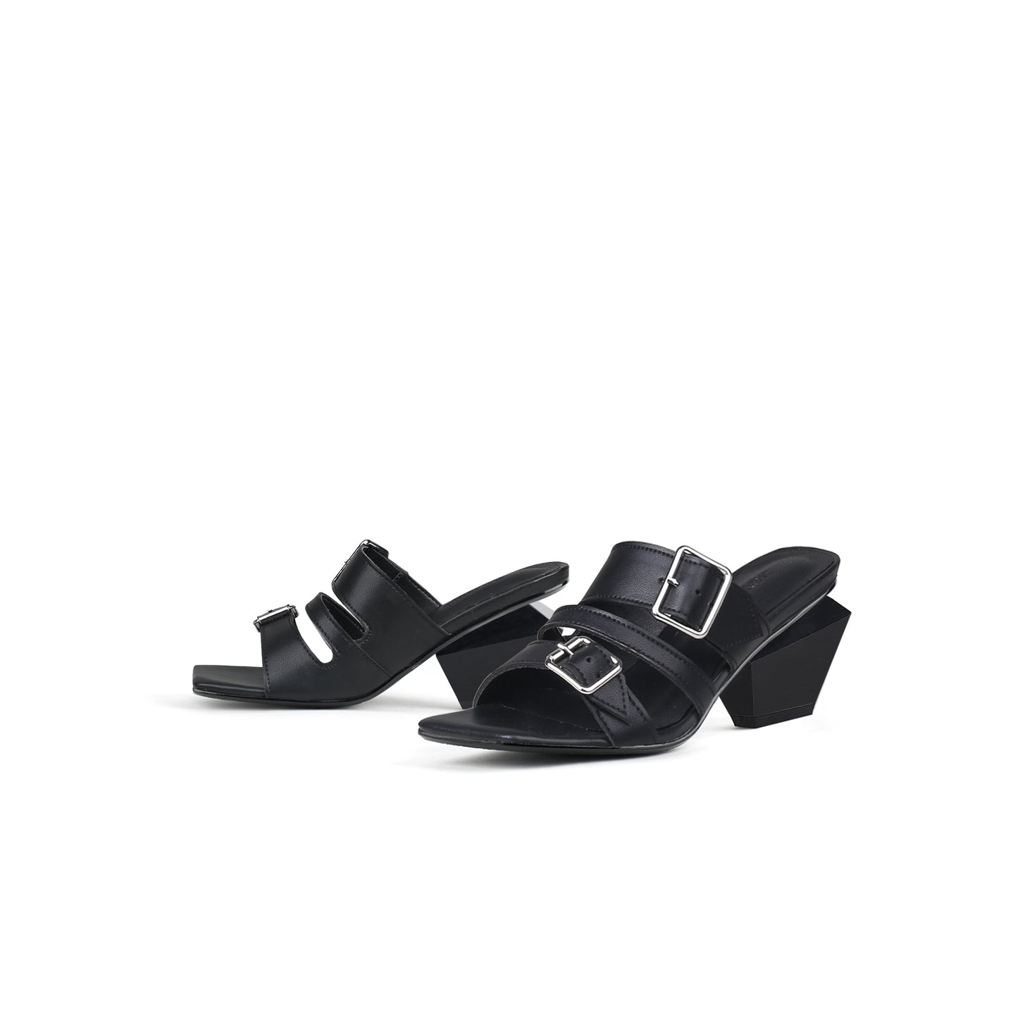 triple strap heeled mules all black 5