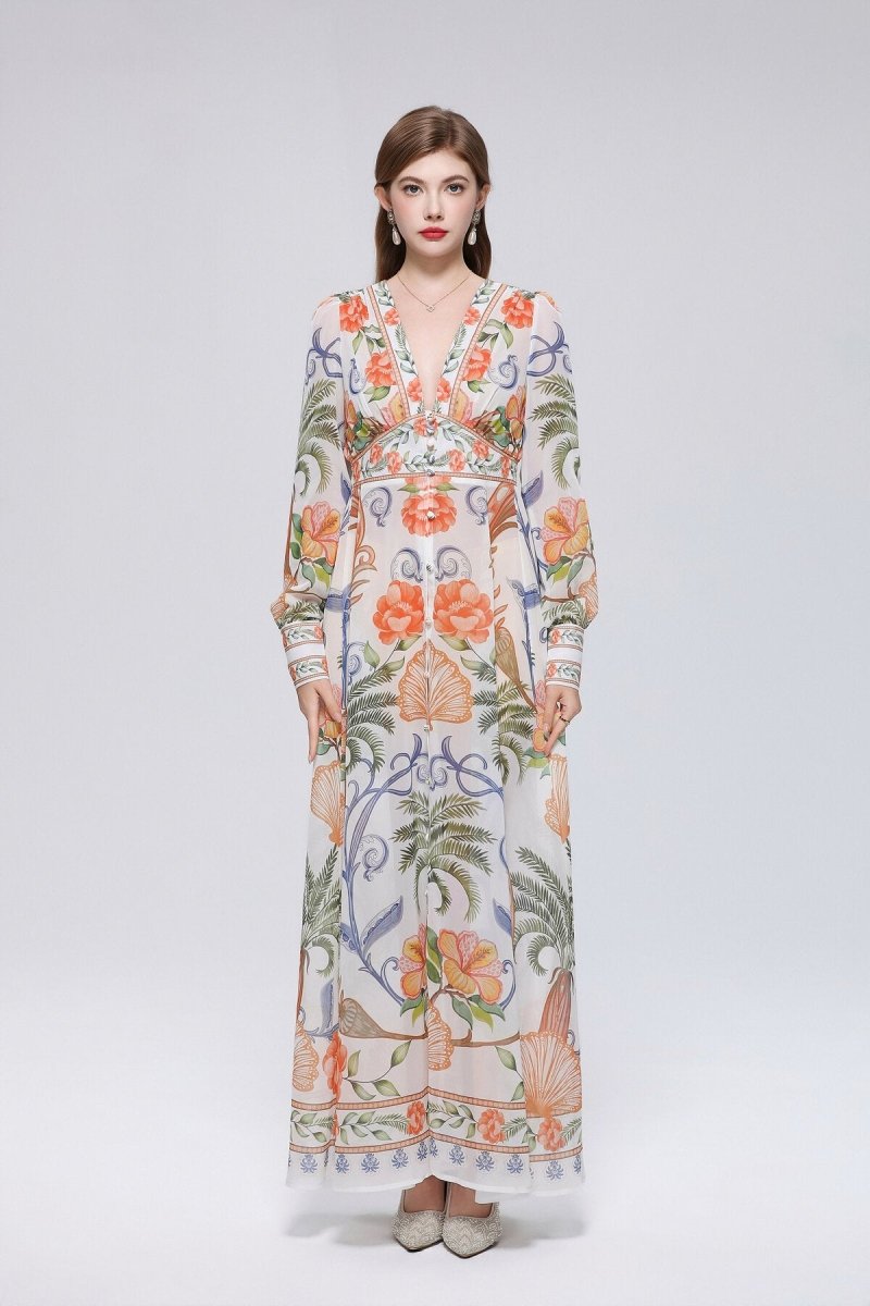 Tropical Palm and Shell Print Deep V-Neck Maxi Dress with Button-Front Placket and Botanical Border Hem