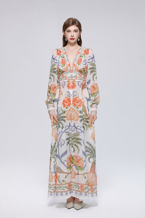 Tropical Palm and Shell Print Deep V-Neck Maxi Dress with Button-Front Placket and Botanical Border Hem