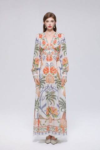 Tropical Palm and Shell Print Deep V-Neck Maxi Dress with Button-Front Placket and Botanical Border Hem