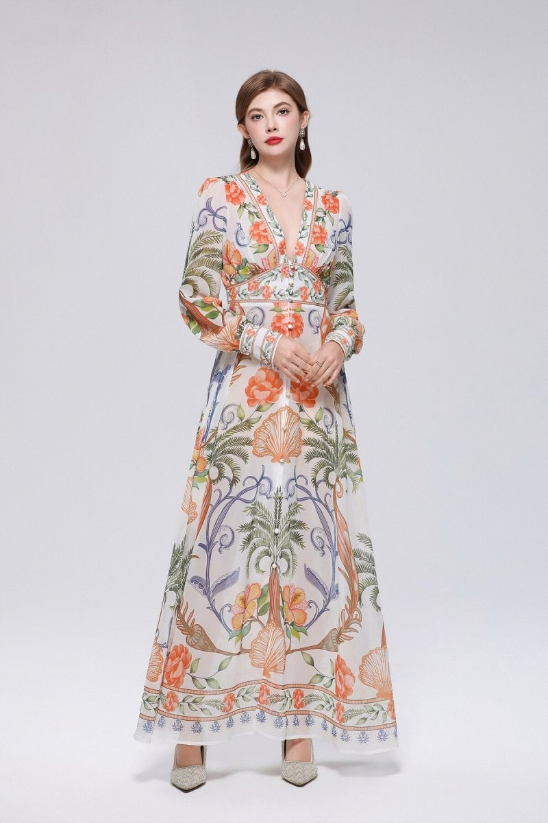 Tropical Palm and Shell Print Deep V-Neck Maxi Dress with Button-Front Placket and Botanical Border Hem
