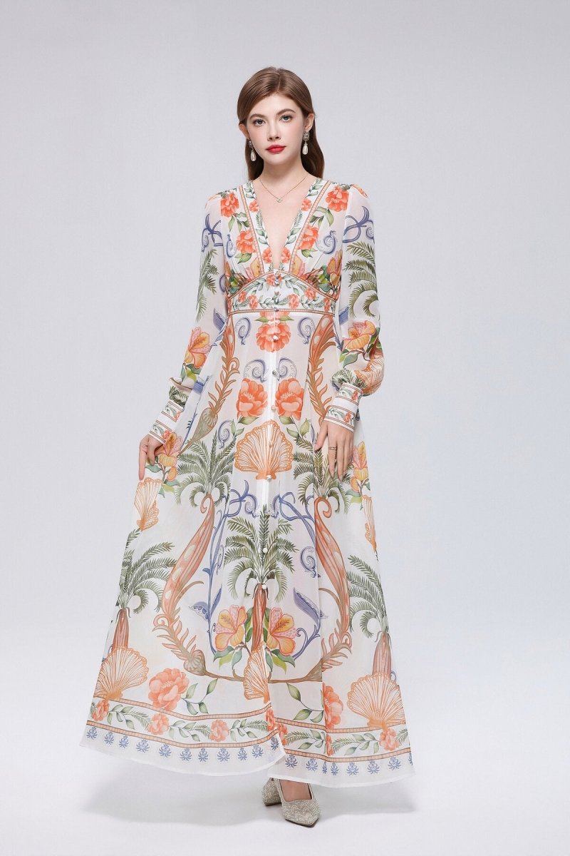 Tropical Palm and Shell Print Deep V-Neck Maxi Dress with Button-Front Placket and Botanical Border Hem
