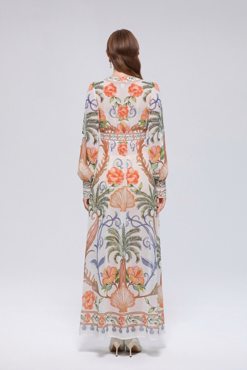 Tropical Palm and Shell Print Deep V-Neck Maxi Dress with Button-Front Placket and Botanical Border Hem