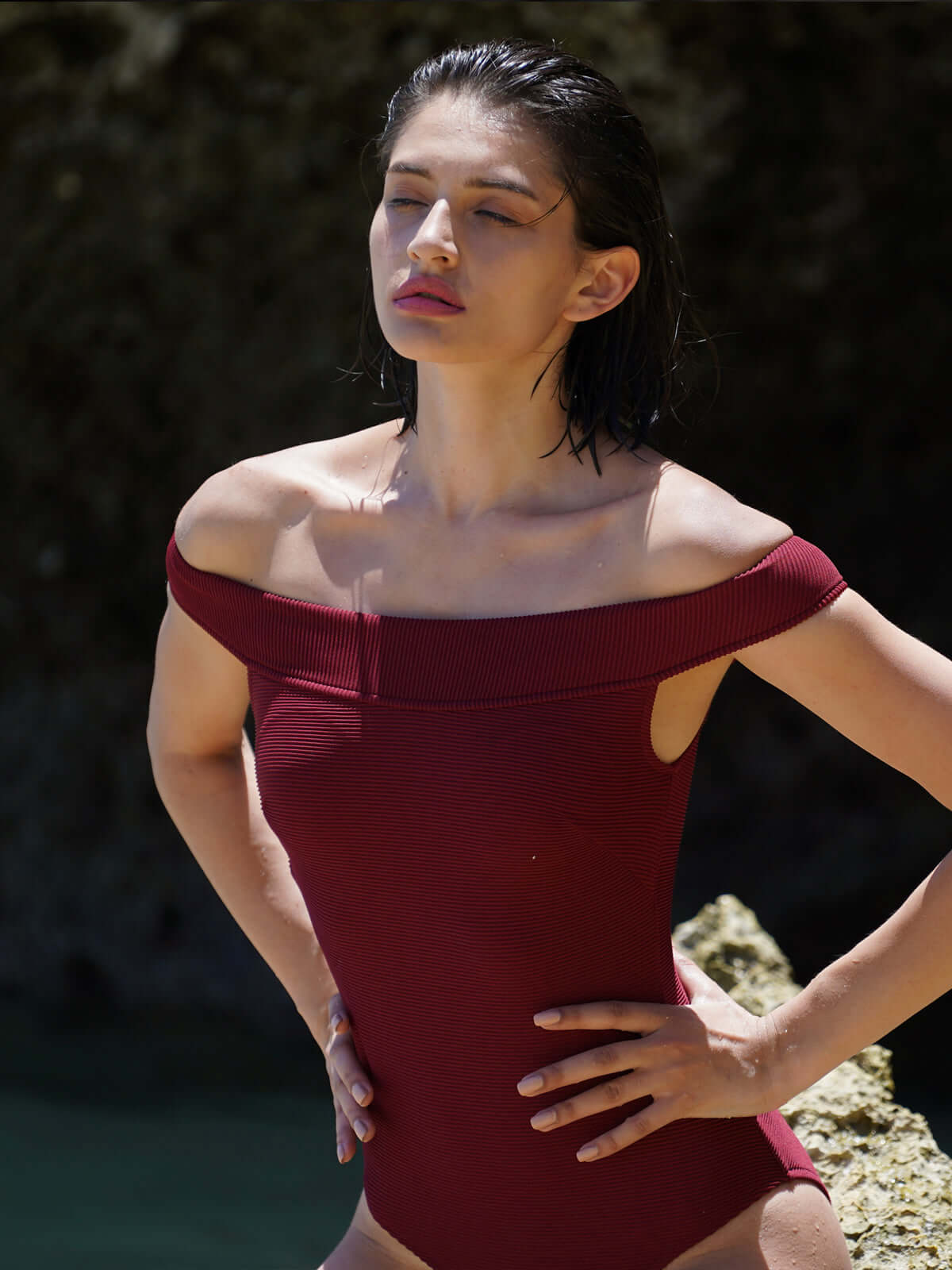 tummy control off shoulder swimsuit all wine 1