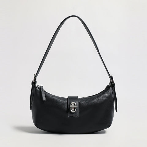 Turn-Lock Crescent Baguette Bag – Minimalist Leather Shoulder Purse