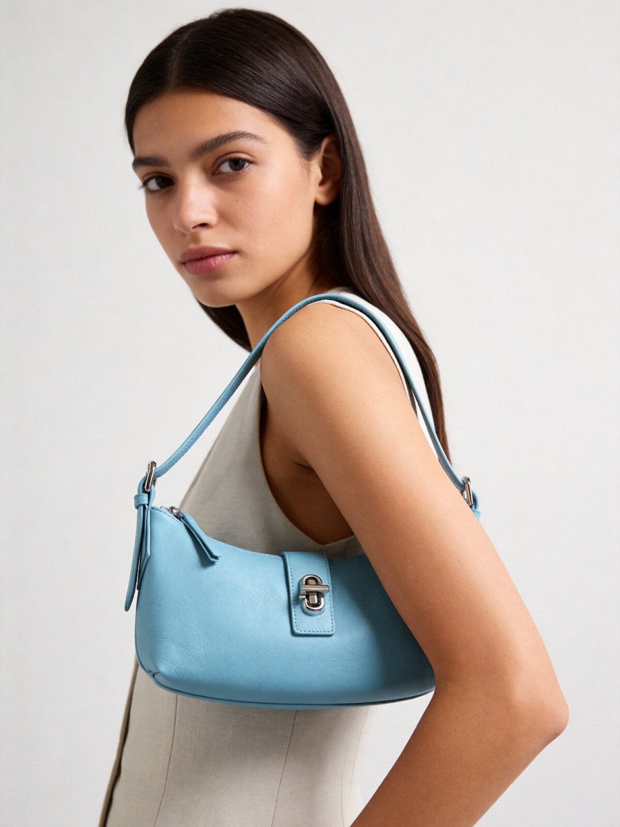 Turn-Lock Crescent Baguette Bag – Minimalist Leather Shoulder Purse