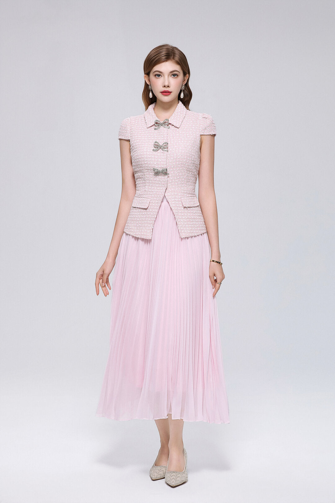 Tweed Cap Sleeve Midi Dress with Rhinestone Bow Buttons and Pleated Chiffon Skirt