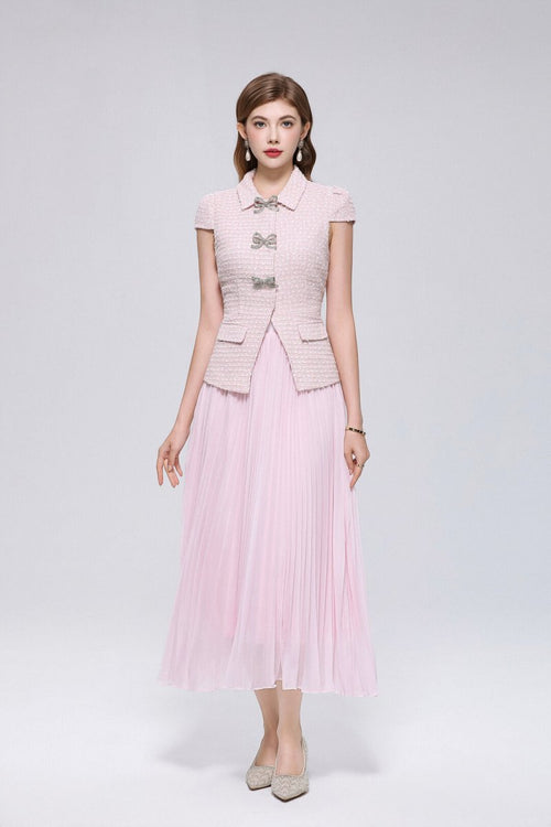 Tweed Cap Sleeve Midi Dress with Rhinestone Bow Buttons and Pleated Chiffon Skirt