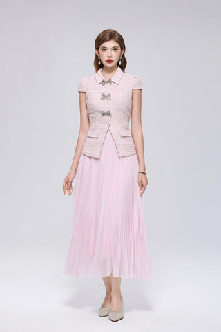 Tweed Cap Sleeve Midi Dress with Rhinestone Bow Buttons and Pleated Chiffon Skirt