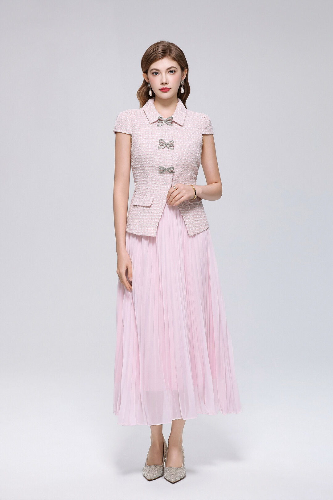 Tweed Cap Sleeve Midi Dress with Rhinestone Bow Buttons and Pleated Chiffon Skirt