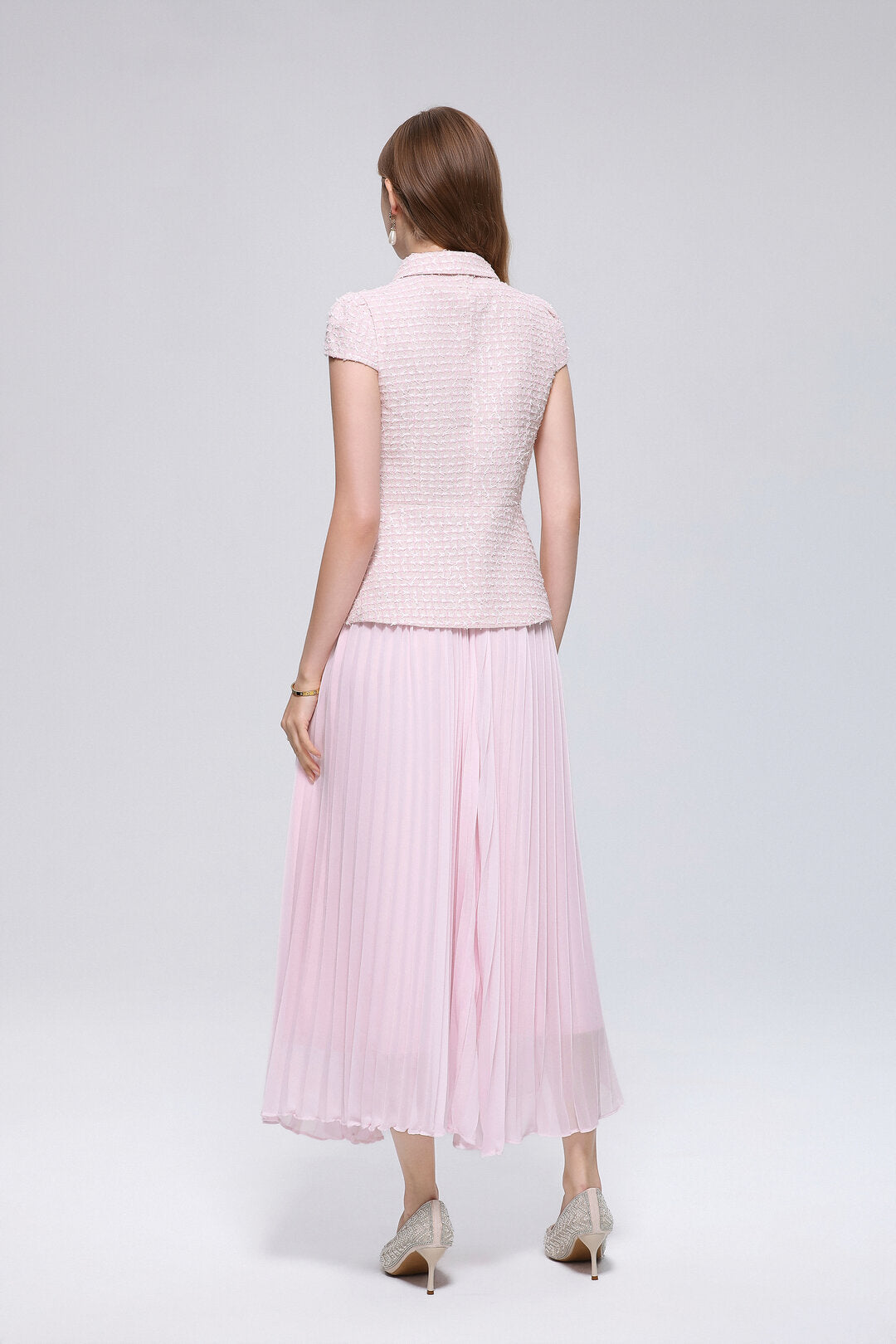 Tweed Cap Sleeve Midi Dress with Rhinestone Bow Buttons and Pleated Chiffon Skirt