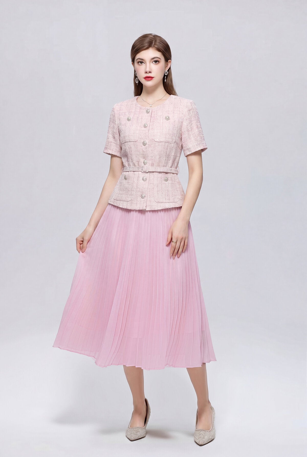 Tweed Peplum Midi Dress with Jewel Buttons and Pleated Chiffon Skirt