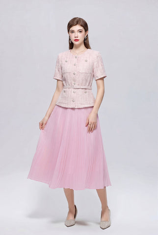 Tweed Peplum Midi Dress with Jewel Buttons and Pleated Chiffon Skirt