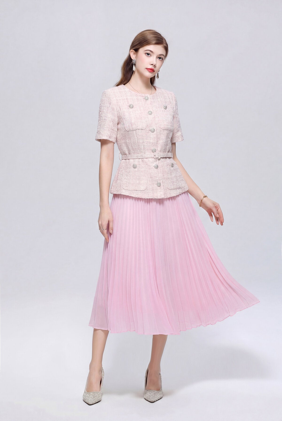 Tweed Peplum Midi Dress with Jewel Buttons and Pleated Chiffon Skirt
