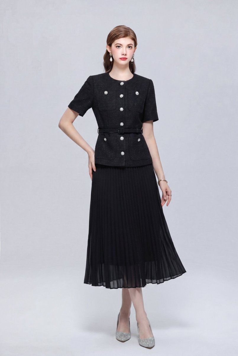 Tweed Round-Neck Peplum Midi Dress with Crystal Buttons and Pleated Skirt