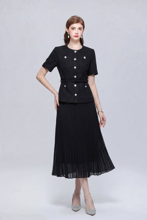 Tweed Round-Neck Peplum Midi Dress with Crystal Buttons and Pleated Skirt