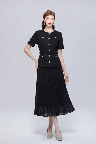 Tweed Round-Neck Peplum Midi Dress with Crystal Buttons and Pleated Skirt