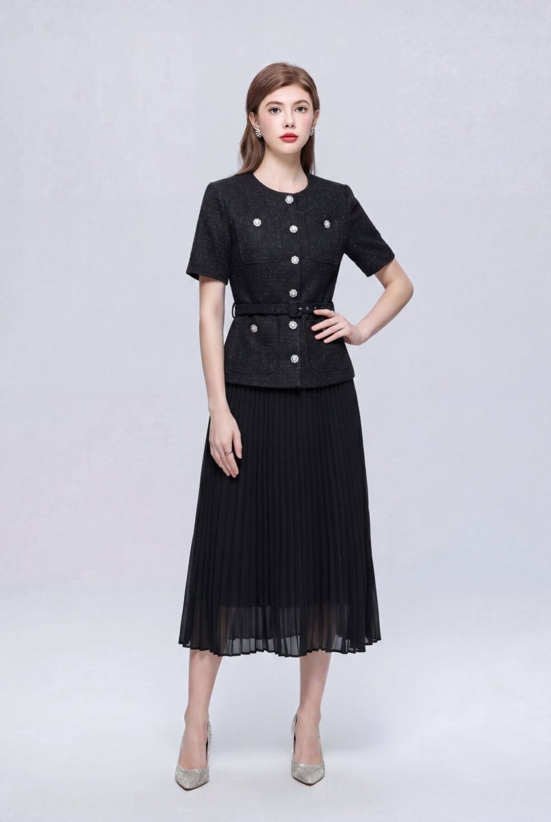 Tweed Round-Neck Peplum Midi Dress with Crystal Buttons and Pleated Skirt