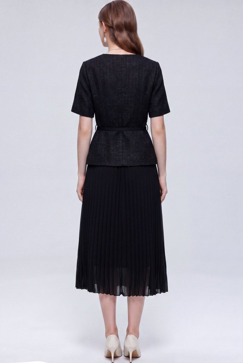 Tweed Round-Neck Peplum Midi Dress with Crystal Buttons and Pleated Skirt