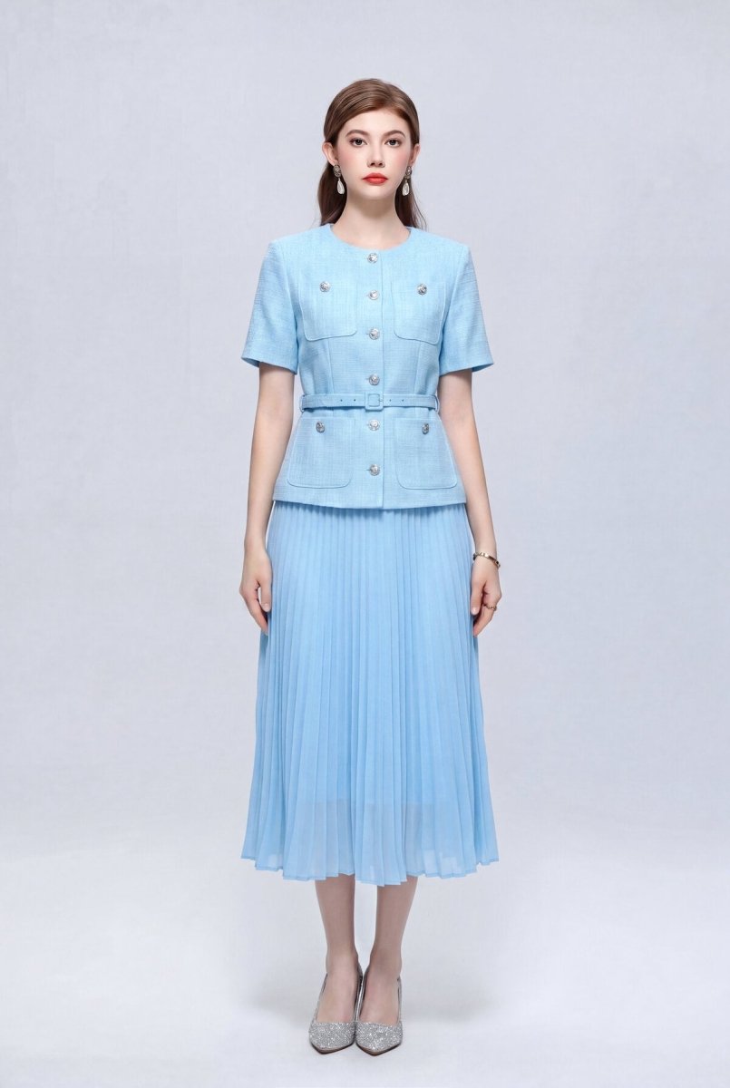 Tweed Round-Neck Peplum Midi Dress with Crystal Buttons and Pleated Skirt