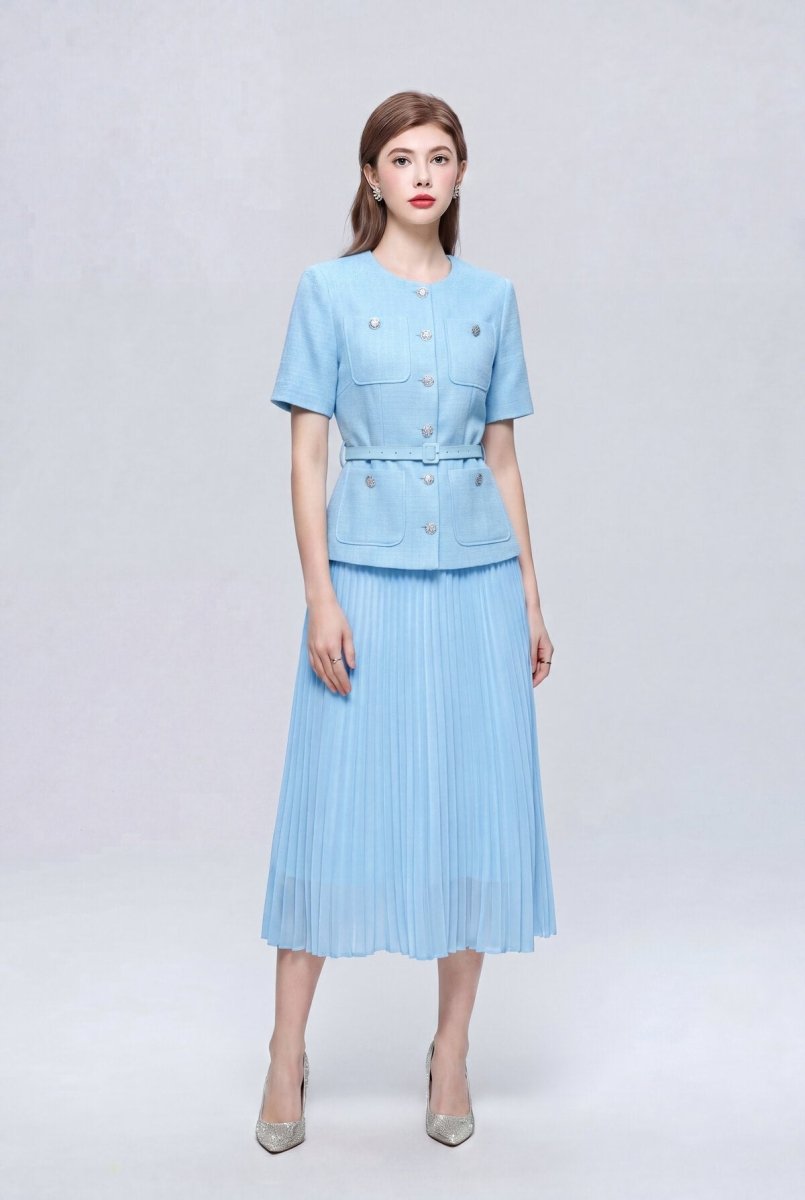 Tweed Round-Neck Peplum Midi Dress with Crystal Buttons and Pleated Skirt