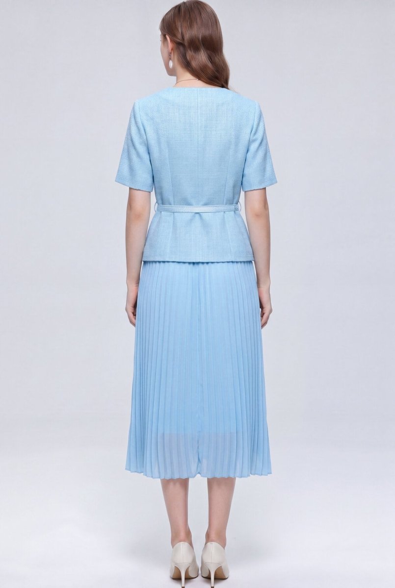 Tweed Round-Neck Peplum Midi Dress with Crystal Buttons and Pleated Skirt