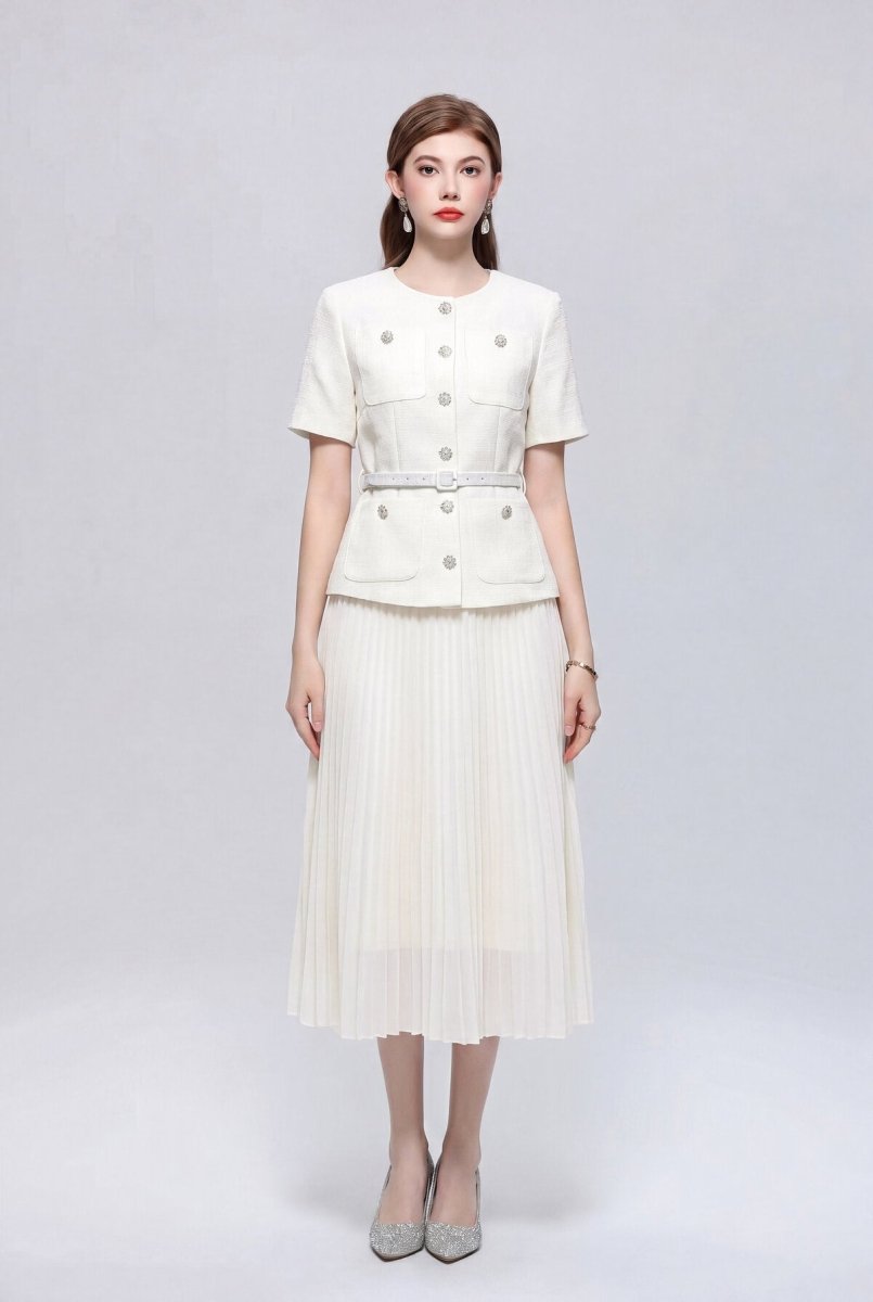 Tweed Round-Neck Peplum Midi Dress with Crystal Buttons and Pleated Skirt