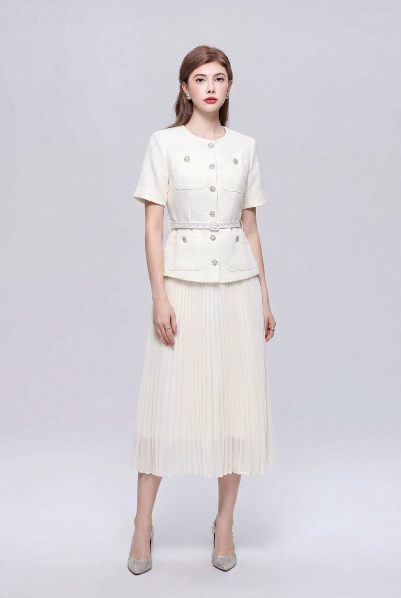 Tweed Round-Neck Peplum Midi Dress with Crystal Buttons and Pleated Skirt