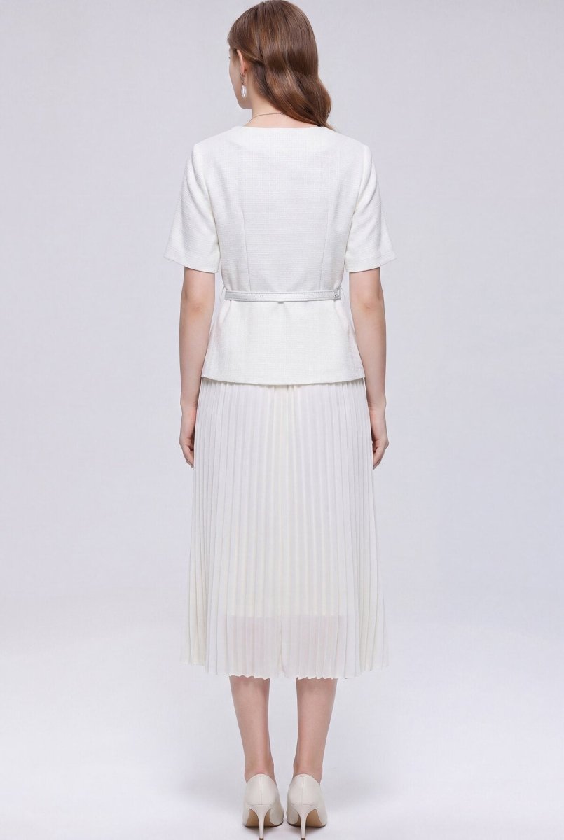 Tweed Round-Neck Peplum Midi Dress with Crystal Buttons and Pleated Skirt