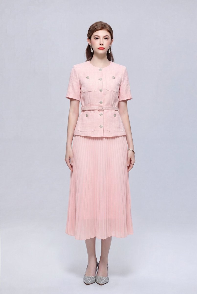 Tweed Round-Neck Peplum Midi Dress with Crystal Buttons and Pleated Skirt