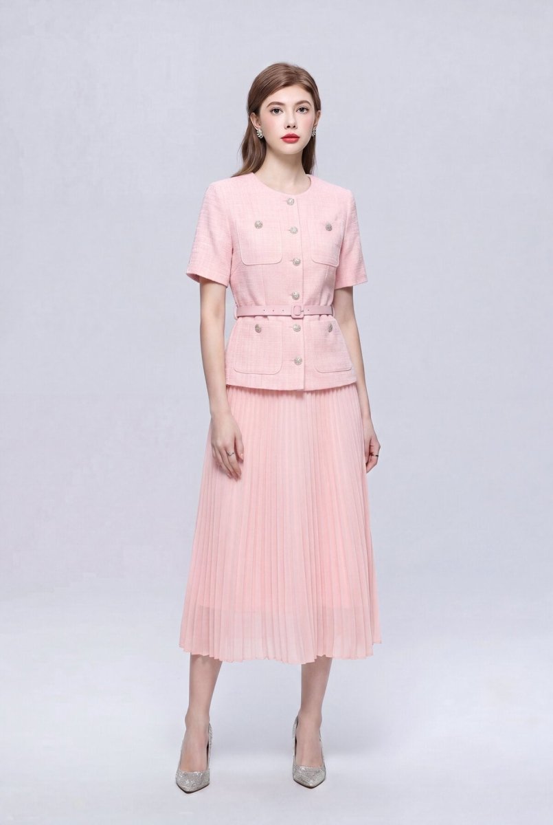 Tweed Round-Neck Peplum Midi Dress with Crystal Buttons and Pleated Skirt