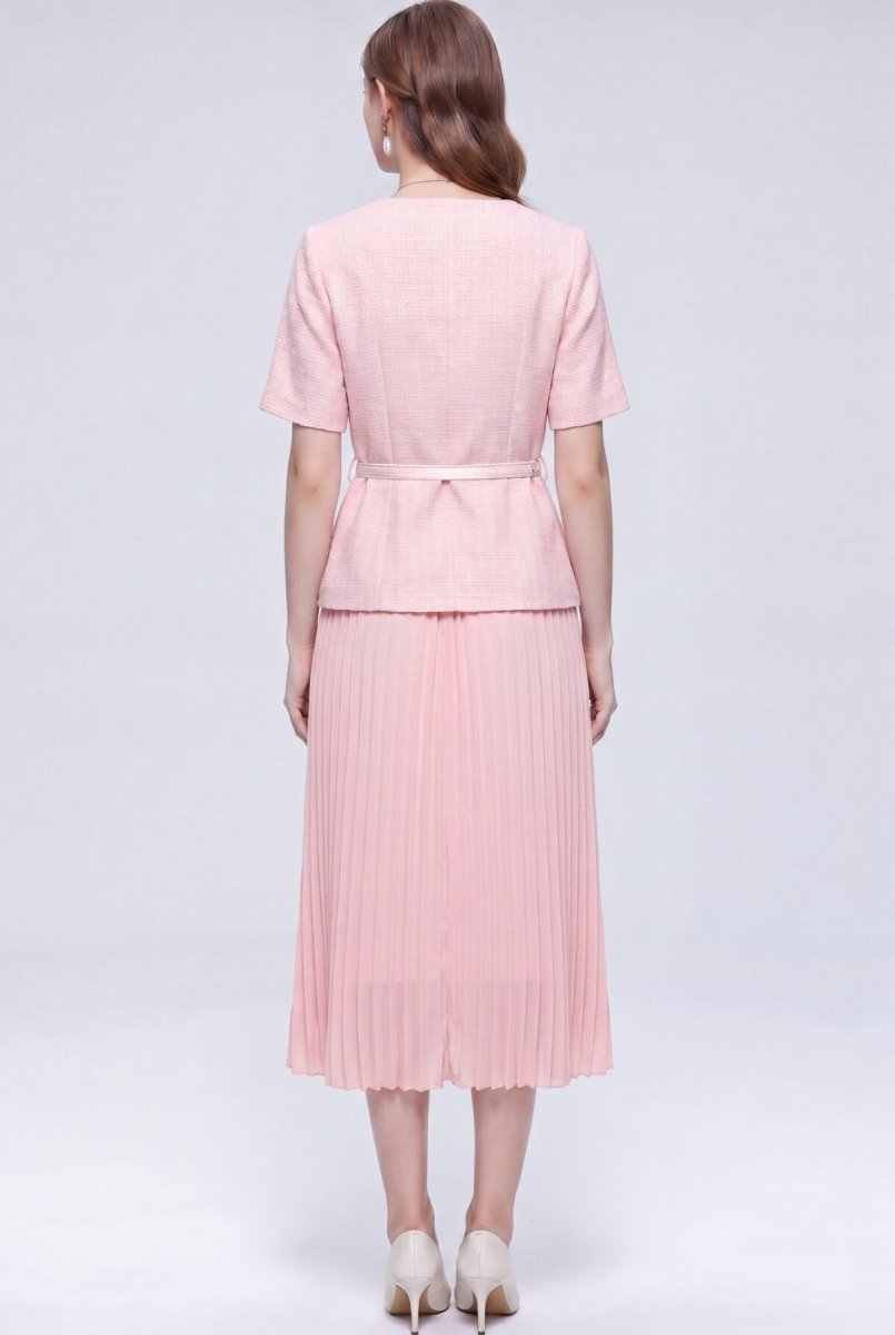 Tweed Round-Neck Peplum Midi Dress with Crystal Buttons and Pleated Skirt